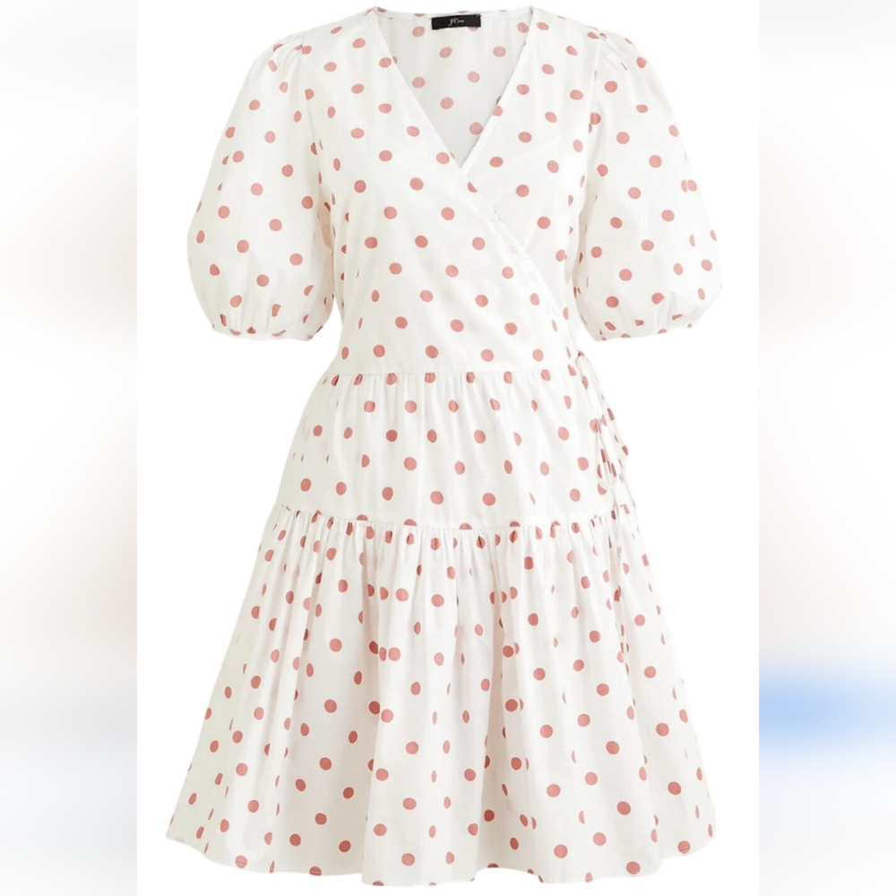 J.CREW Polka Dot Tiered Wrap Dress In White/Pink Combo SIze Small